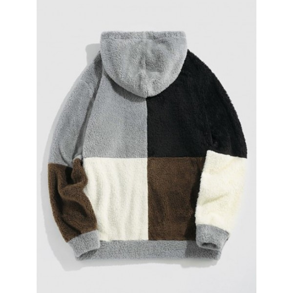 Drawstring Colorblock Fluffy Hoodie