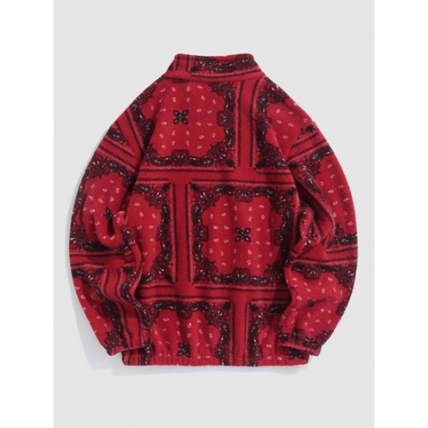 Fluffy Fleece Ethnic Printed Quarter Zip Mock Neck Sweatshirt