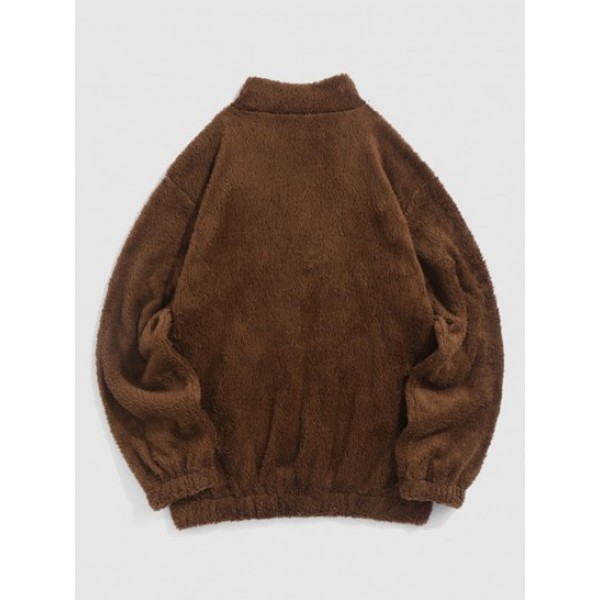 Two Tone Color BROOKLYN Embroider Half Zip Fluffy Teddy Faux Fur Sweatshirt