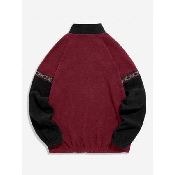 Colorblock Geometric Embroidery Fluffy Polar Fleece Sweatshirt