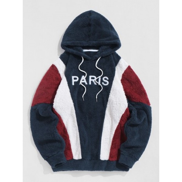 PARIS Embroidered Fuzzy Pullover Hoodie And Fluffy Teddy Beam Feet Pants Faux Fur Set