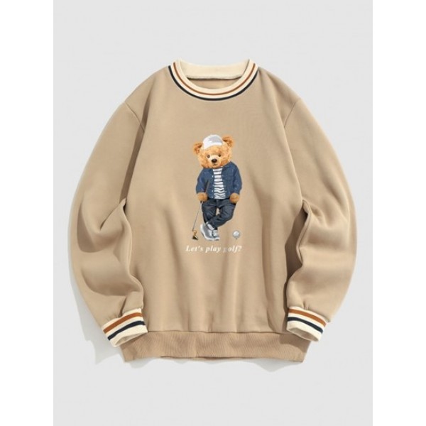 Bear Playing Golf Pattern Fleece-lined Sweatshirt With Bear Terry Embroidered Pullover Fluffy Faux Fur Teddy Hoodie Set