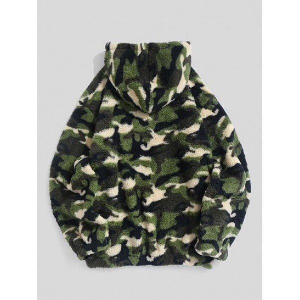 Camouflage Pattern Kangaroo Pocket Fuzzy Faux Fur Hoodie