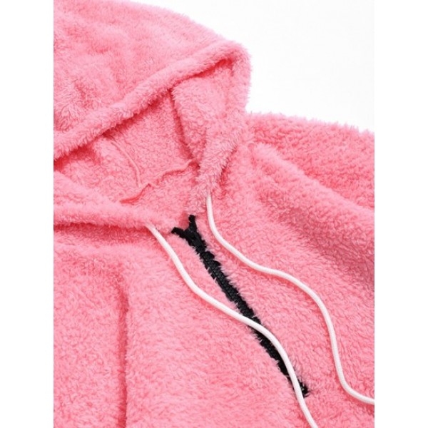 Color-blocking Splicing Half Zipper Fuzzy Hoodie