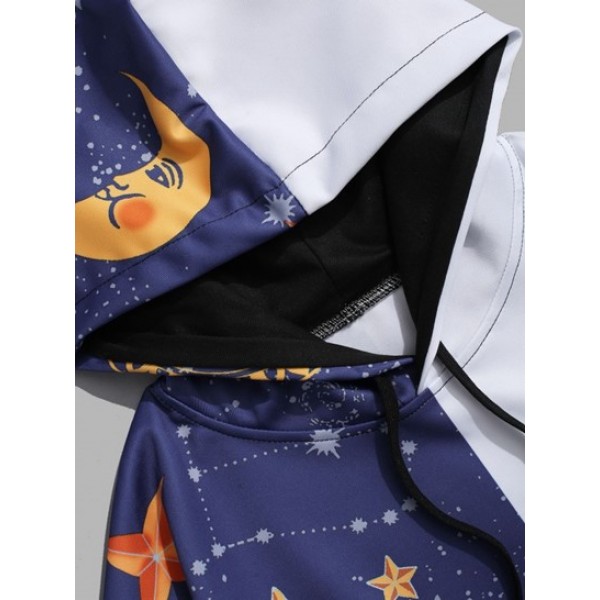 Kangaroo Pocket Moon Star Print Contrast Hoodie