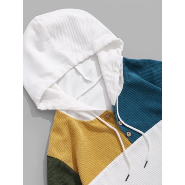 Quarter Button Contrast Corduroy Hoodie