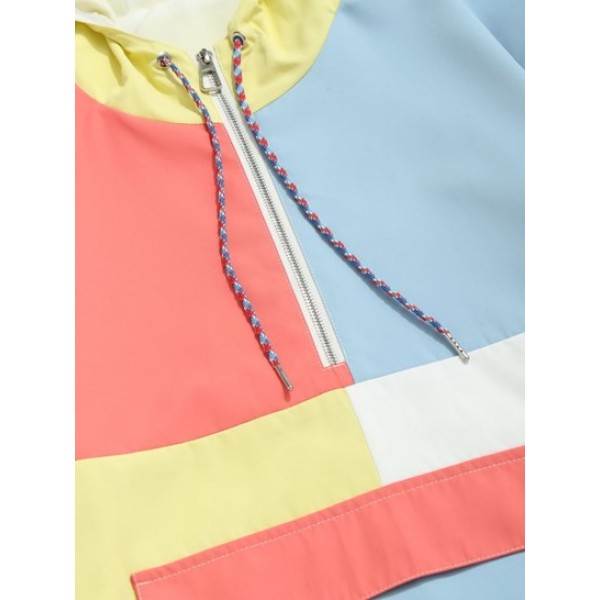 Colorblock Panel Half Zipper Windbreaker Hoodie