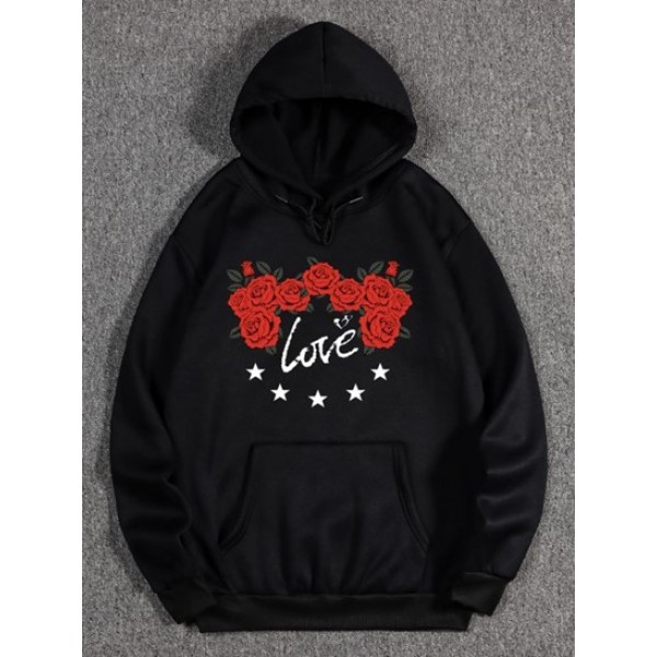 Rose Flower Love Print Graphic Fleece Hoodie