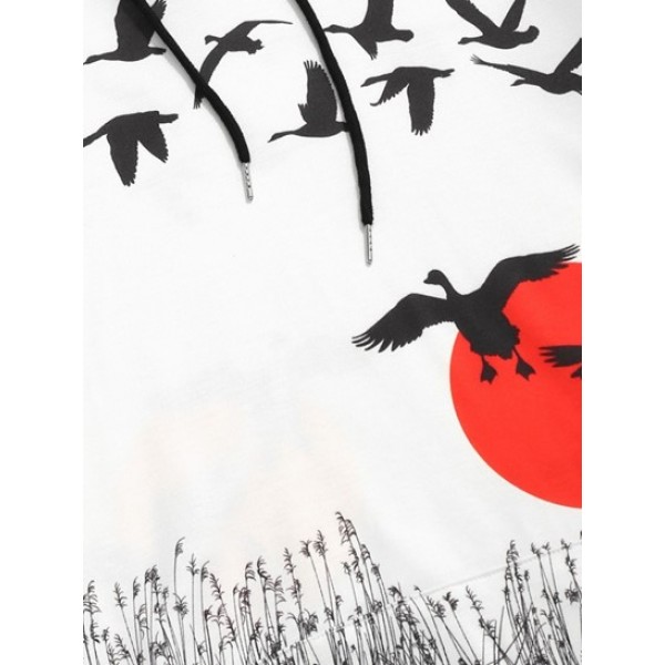 Sun Birds Print Kangaroo Pocket Chinese Hoodie