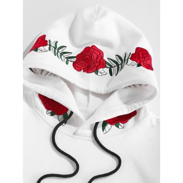 Rose Flower Embroidered Front Pocket Hoodie