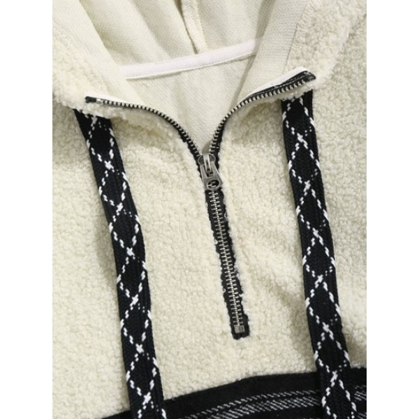 Striped Quarter Zip Fluffy Teddy Faux Fur Vintage Hoodie