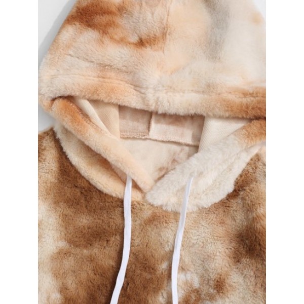 Contrast Tie Dye Pattern Fleece Faux Fur Fluffy Hoodie