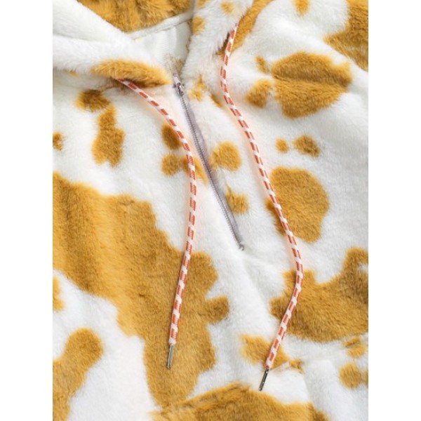 Cow Pattern Fluffy Fleece Half Zipper Hoodie