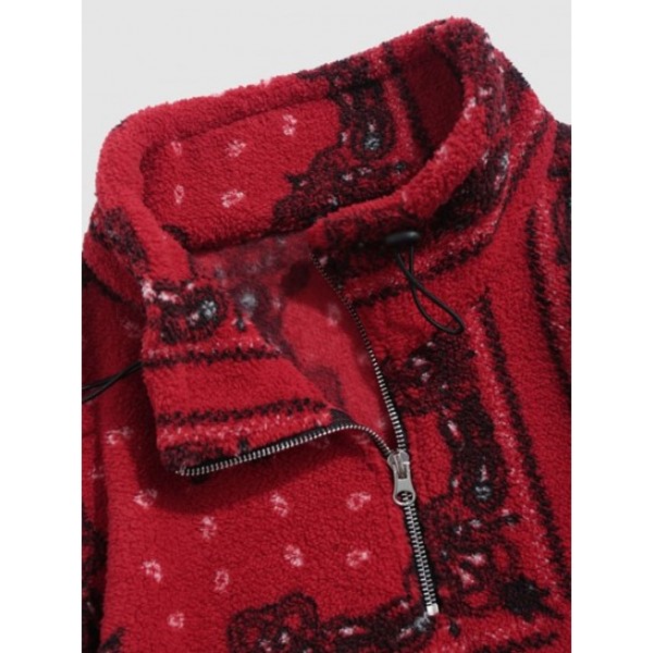 Fluffy Fleece Ethnic Printed Quarter Zip Mock Neck Sweatshirt