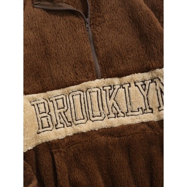 Two Tone Color BROOKLYN Embroider Half Zip Fluffy Teddy Faux Fur Sweatshirt