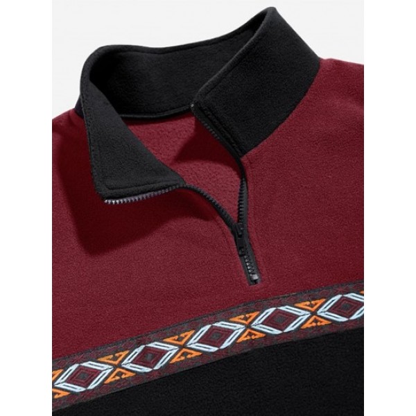 Colorblock Geometric Embroidery Fluffy Polar Fleece Sweatshirt