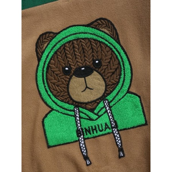 Colorblock Bear Embroidered Quarter Zip Fuzzy Polar Fleece Sweatshirt