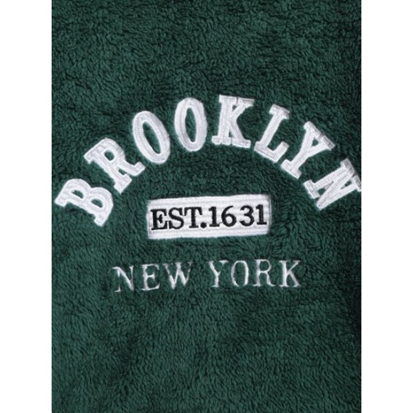 BROOKLYN Letter Embroidered Faux Fur Fluffy Teddy Hoodie