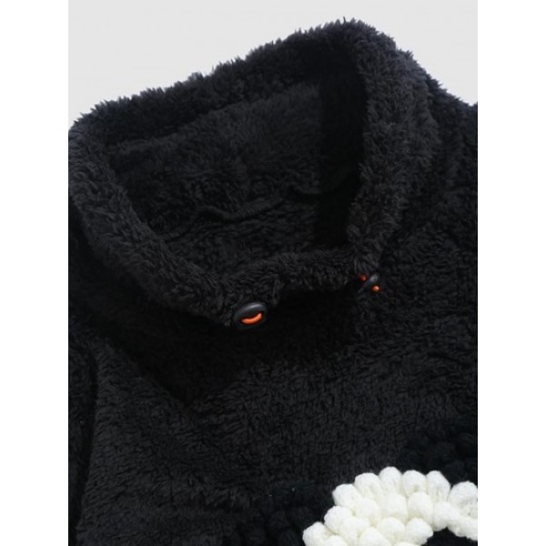 Fluffy 3D Panda Applique Stand Collar Faux Fur Sweatshirt