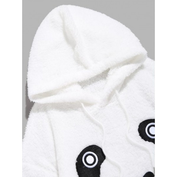 Cute Panda Embroidered Fuzzy Faux Sherpa Hoodie