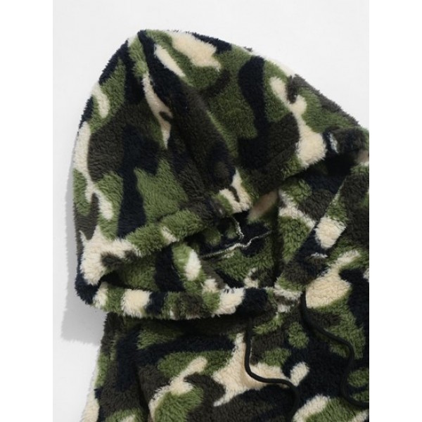 Camouflage Pattern Kangaroo Pocket Fuzzy Faux Fur Hoodie