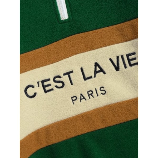 Colorblock C'EST LA VIE PARIS Embroidered Fuzzy Polar Fleece Sweatshirt