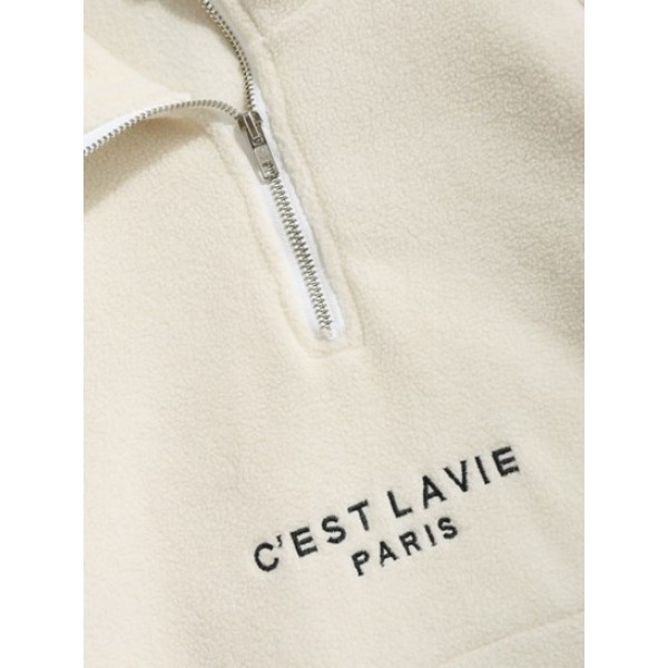 C'EST LA VIE PARIS Embroidered Quarter Zip Fuzzy Fleece Sweatshirt