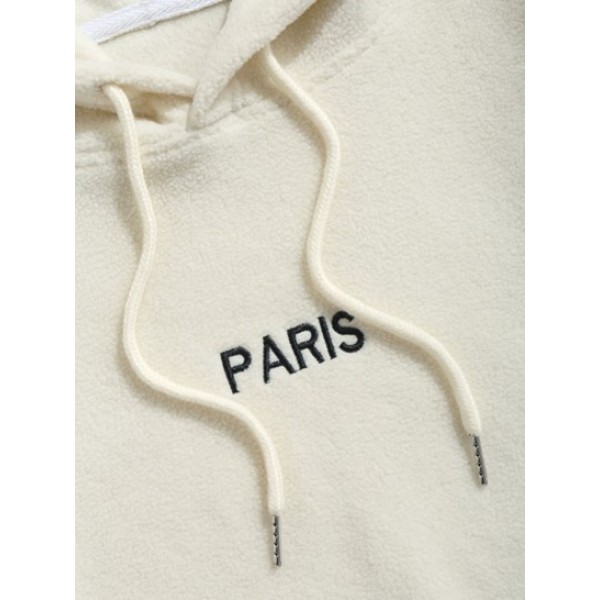 PARIS Embroidered Colorblock Pullover Fuzzy Fleece Hoodie