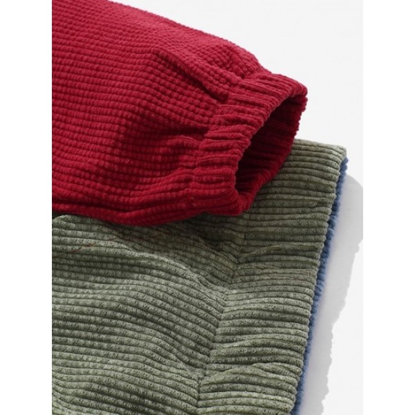 Vintage Corduroy Color Blocking Two Tone Patchwork Hoodie