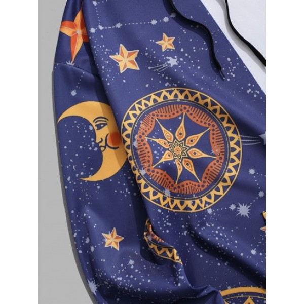 Kangaroo Pocket Moon Star Print Contrast Hoodie