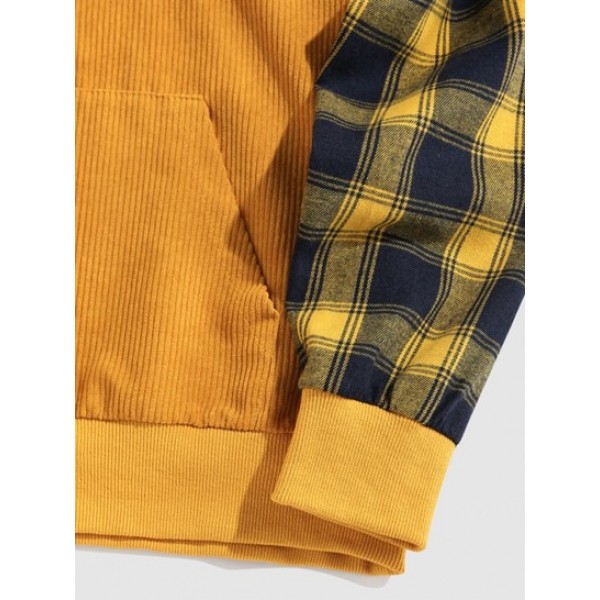 Streetwear Half Button Plaid Sleeve Hoodie