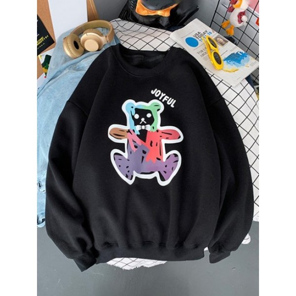 Cartoon Bear Print Rib-knit Trim Sweatshirt