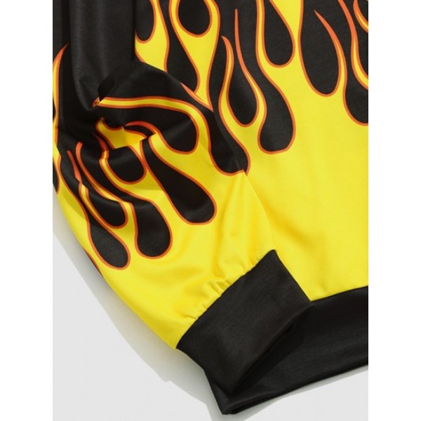 Streetwear Contrast Flame Print Pullover Sweatshirt