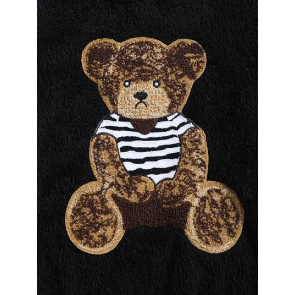 Two Tone Colorblock Bear Terry Embroidered Fluffy Faux Fur Sweatshirt