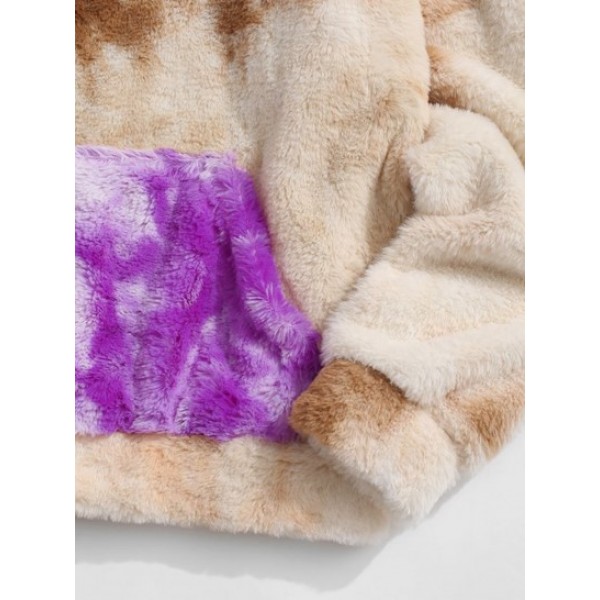 Contrast Tie Dye Pattern Fleece Faux Fur Fluffy Hoodie