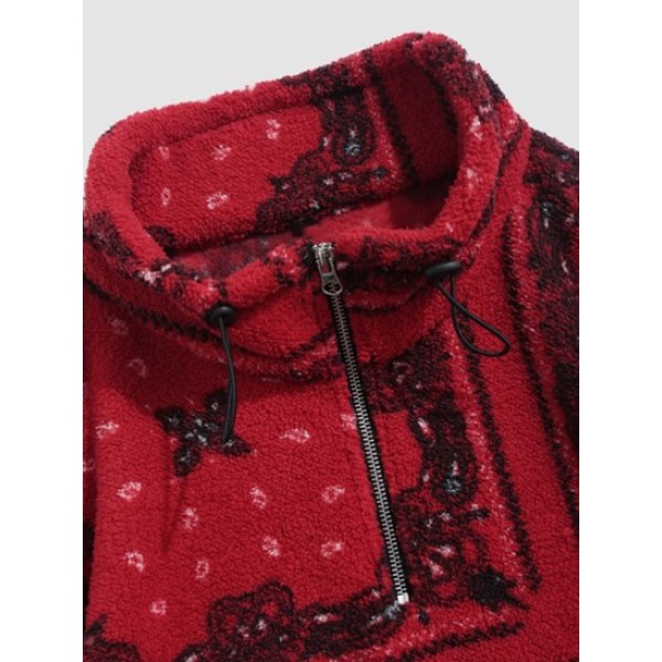 Fluffy Fleece Ethnic Printed Quarter Zip Mock Neck Sweatshirt