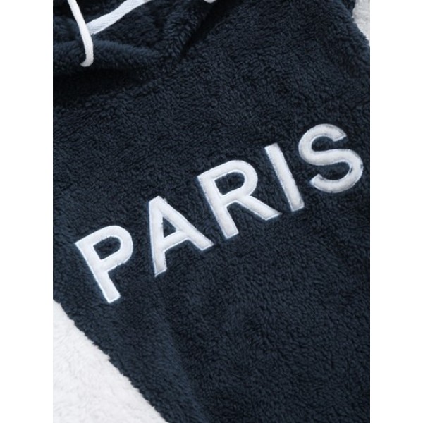 PARIS Embroidered Fuzzy Pullover Hoodie And Fluffy Teddy Beam Feet Pants Faux Fur Set