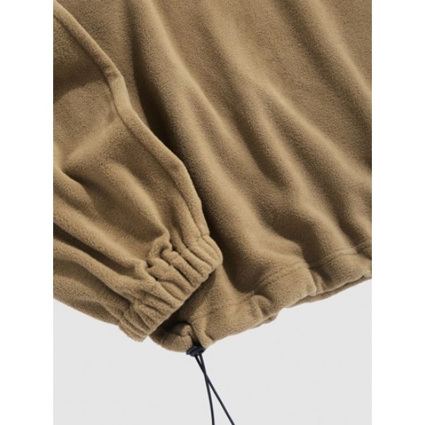 Fuzzy Polar Fleece Drawstring Hem Button Design Hoodie