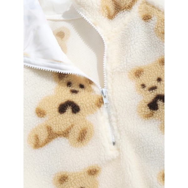 Bears Pattern Fuzzy Faux Shearling Stand Collar Sweatshirt