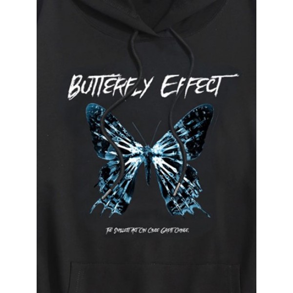 Graphic Letters Butterfly Printed Kangaroo Pocket Streetwear Hoodie